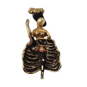 VTG Gold-Tone Enamel Painted Pearl Faced French Cabernet Cancan Dancer Brooch‎